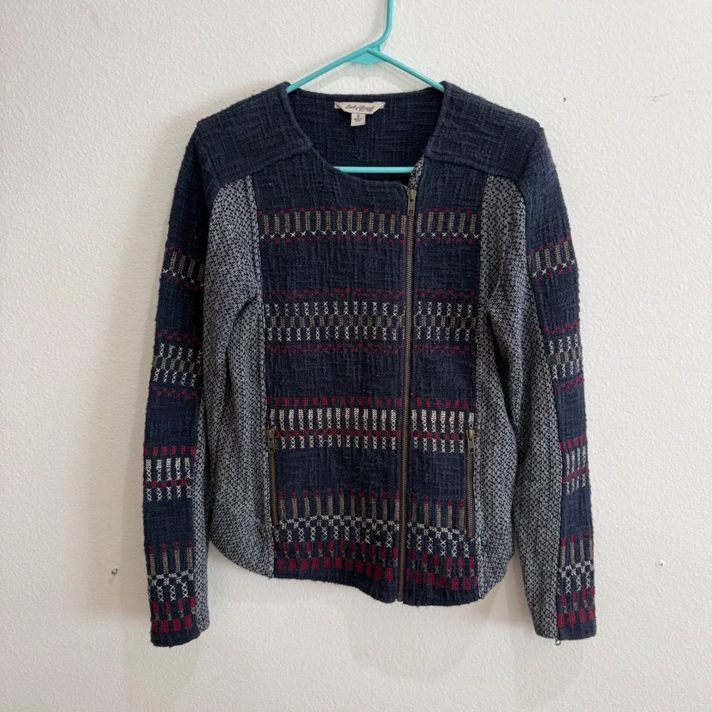Lucky Brand Navy Blue Embroidered Moto Jacket Cotton Knit Gray Geometric Small